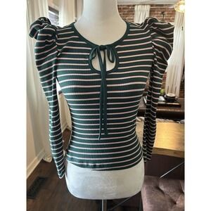 Anthropologie Porridge NWT Green Striped Long Puff Sleeve Tie Front Top Size XXS